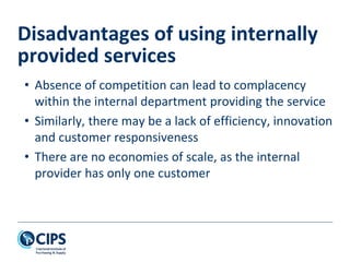 • Absence of competition can lead to complacency
within the internal department providing the service
• Similarly, there may be a lack of efficiency, innovation
and customer responsiveness
• There are no economies of scale, as the internal
provider has only one customer
Disadvantages of using internally
provided services
 