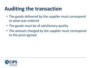 Auditing the transaction
• The goods delivered by the supplier must correspond
to what was ordered
• The goods must be of satisfactory quality
• The amount charged by the supplier must correspond
to the price agreed
 