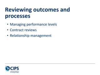 • Managing performance levels
• Contract reviews
• Relationship management
Reviewing outcomes and
processes
 