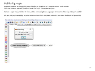Publishing maps
Freemind maps can be printed onto paper or hosted on the web or on a computer in their native formats.
Web map users can open and close branches as they can in the native programme.
To make a paper map; under the file menu, set the print scaling to one page, open all branches of the map and export as a PDF.
For web use, go to file > export > as java applet. Further instructions are in Freemind’s help menu depending on version used.
31
 