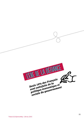 33
Seuls 19% des Français
sont satisfaits de la
politique économique et
sociale du gouvernement
L’ère de la défiance
L’ère de la défiancE
Tilder/LCI/OpinionWay – 28 nov. 2013
 