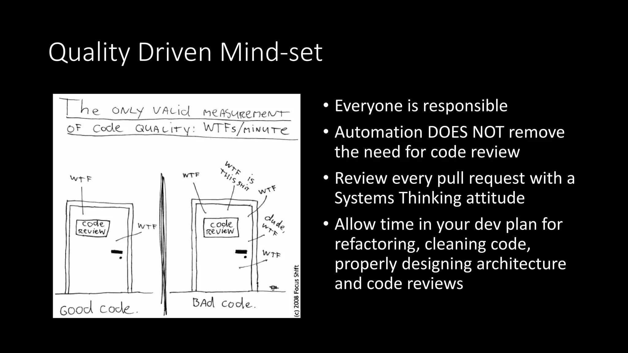 Quality Driven Mind-set
• Everyone is responsible
• Automation DOES NOT remove
the need for code review
• Review every pull request with a
Systems Thinking attitude
• Allow time in your dev plan for
refactoring, cleaning code,
properly designing architecture
and code reviews
 