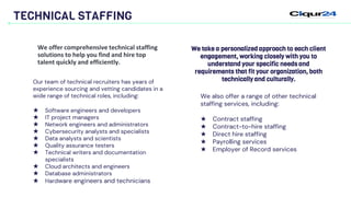 TECHNICAL STAFFING
We also offer a range of other technical
staffing services, including:
★ Contract staffing
★ Contract-to-hire staffing
★ Direct hire staffing
★ Payrolling services
★ Employer of Record services
We take a personalized approach to each client
engagement, working closely with you to
understand your specific needs and
requirements that fit your organization, both
technically and culturally.
Our team of technical recruiters has years of
experience sourcing and vetting candidates in a
wide range of technical roles, including:
★ Software engineers and developers
★ IT project managers
★ Network engineers and administrators
★ Cybersecurity analysts and specialists
★ Data analysts and scientists
★ Quality assurance testers
★ Technical writers and documentation
specialists
★ Cloud architects and engineers
★ Database administrators
★ Hardware engineers and technicians
We offer comprehensive technical staffing
solutions to help you find and hire top
talent quickly and efficiently.
 