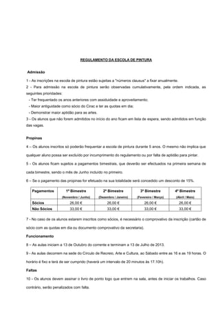 REGULAMENTO DA ESCOLA DE PINTURA
Admissão
1 - As inscrições na escola de pintura estão sujeitas a "números clausus" a fixar anualmente.
2 - Para admissão na escola de pintura serão observadas cumulativamente, pela ordem indicada, as
seguintes prioridades:
- Ter frequentado os anos anteriores com assiduidade e aproveitamento;
- Maior antiguidade como sócio do Cirac e ter as quotas em dia;
- Demonstrar maior aptidão para as artes.
3 - Os alunos que não forem admitidos no início do ano ficam em lista de espera, sendo admitidos em função
das vagas.
Propinas
4 – Os alunos inscritos só poderão frequentar a escola de pintura durante 5 anos. O mesmo não implica que
qualquer aluno possa ser excluído por incumprimento do regulamento ou por falta de aptidão para pintar.
5 - Os alunos ficam sujeitos a pagamentos bimestrais, que deverão ser efectuados na primeira semana de
cada bimestre, sendo o mês de Junho incluído no primeiro.
6 – Se o pagamento das propinas for efetuado na sua totalidade será concedido um desconto de 15%.
Pagamentos 1º Bimestre
(Novembro / Junho)
2º Bimestre
(Dezembro / Janeiro)
3º Bimestre
(Fevereiro / Março)
4º Bimestre
(Abril / Maio)
Sócios 26,00 € 26,00 € 26,00 € 26,00 €
Não Sócios 33,00 € 33,00 € 33,00 € 33,00 €
7 - No caso de os alunos estarem inscritos como sócios, é necessário o comprovativo da inscrição (cartão de
sócio com as quotas em dia ou documento comprovativo da secretaria).
Funcionamento
8 – As aulas iniciam a 13 de Outubro do corrente e terminam a 13 de Julho de 2013.
9 - As aulas decorrem na sede do Círculo de Recreio, Arte e Cultura, ao Sábado entre as 16 e as 19 horas. O
horário é fixo e terá de ser cumprido (haverá um intervalo de 20 minutos às 17.10h).
Faltas
10 - Os alunos devem assinar o livro de ponto logo que entrem na sala, antes de iniciar os trabalhos. Caso
contrário, serão penalizados com falta.
 