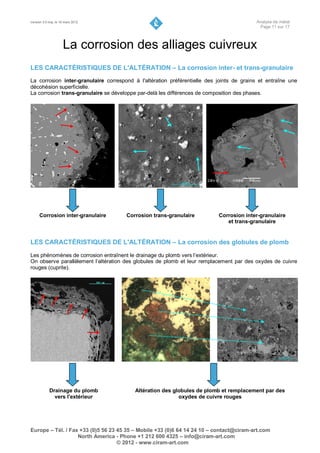 Version 3.0 maj. le 16 mars 2012                                                          Analyse de métal
                                                                                           Page 11 sur 17



                     La corrosion des alliages cuivreux
LES CARACTÉRISTIQUES DE L'ALTÉRATION – La corrosion inter- et trans-granulaire
La corrosion inter-granulaire correspond à l'altération préférentielle des joints de grains et entraîne une
décohésion superficielle.
La corrosion trans-granulaire se développe par-delà les différences de composition des phases.




      Corrosion inter-granulaire      Corrosion trans-granulaire           Corrosion inter-granulaire
                                                                              et trans-granulaire


LES CARACTÉRISTIQUES DE L'ALTÉRATION – La corrosion des globules de plomb
Les phénomènes de corrosion entraînent le drainage du plomb vers l’extérieur.
On observe parallèlement l’altération des globules de plomb et leur remplacement par des oxydes de cuivre
rouges (cuprite).




            Drainage du plomb            Altération des globules de plomb et remplacement par des
              vers l'extérieur                            oxydes de cuivre rouges




Europe – Tél. / Fax +33 (0)5 56 23 45 35 – Mobile +33 (0)6 64 14 24 10 – contact@ciram-art.com
                   North America - Phone +1 212 600 4325 – info@ciram-art.com
                                   © 2012 - www.ciram-art.com
 