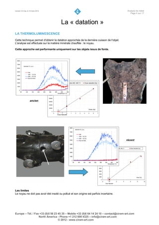 Version 3.0 maj. le 16 mars 2012                                                                                                                                                                                   Analyse de métal
                                                                                                                                                                                                                     Page 4 sur 17



                                                                             La « datation »
LA THERMOLUMINESCENCE
Cette technique permet d'obtenir la datation approchée de la dernière cuisson de l'objet.
L'analyse est effectuée sur la matière minérale chauffée : le noyau.

Cette approche est performante uniquement sur les objets issus de fonte.



  8000


  7000
              Intensité TL (u.a.)
  6000

  5000
                        Nat
                        Nat + 3,0 Gy
  4000
                        Nat + 6,0 Gy
                        Bruit de fond
  3000


  2000                                                                       intensité TL entre 250 -400 °C                      Dose naturelle (Gy)
                                                    160000
  1000
                                                    140000        Intensité TL (u.a.)
     0
         50       100         150       200   250   120000
                                                     300          350       400        450
                                                                        Température (°C)
                                                    100000

                                                    80000

                          ancien                    60000

                                                    40000

                                                    20000
                                                                      -1,8                                                             Dose (Gy)
                                                        0
                                                             -3         -2    -1        0     1            2        3        4         5     6         7
                                                                        Dose Naturelle




                                                                                             8000
                                                                                                           Intensité TL (u.a.)
                                                                                             7000
                                                                                                                   Nat
                                                                                             6000                  Nat + 6,0 Gy
                                                                                                                   Nat + 9,0 Gy
                                                                                             5000                  Bruit de fond                                                                                   récent
                                                                                             4000


                                                                                             3000                                                                                 intensité TL entre 350 -400 °C      Dose naturelle (Gy)

                                                                                                                                                           20000
                                                                                             2000
                                                                                                                                                           18000
                                                                                             1000                                                                       Intensité TL (u.a.)
                                                                                                                                                           16000

                                                                                                  0                                                        14000
                                                                                                      50        100        150         200       250         300
                                                                                                                                                           12000         350       400        450
                                                                                                                                                                               Température (°C)
                                                                                                                                                           10000

                                                                                                                                                           8000

                                                                                                                                                           6000

                                                                                                                                                           4000

                                                                                                                                                           2000                                                                  Dose (Gy)
                                                                                                                                                                               -0,2
                                                                                                                                                              0
                                                                                                                                                                   -2             0             2            4       6            8          10
                                                                                                                                                                          Dose Naturelle




Les limites
Le noyau ne doit pas avoir été insolé ou pollué et son origine est parfois incertaine.




Europe – Tél. / Fax +33 (0)5 56 23 45 35 – Mobile +33 (0)6 64 14 24 10 – contact@ciram-art.com
                   North America - Phone +1 212 600 4325 – info@ciram-art.com
                                   © 2012 - www.ciram-art.com
 