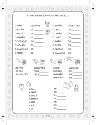 ad u b
p
C
J

Ac

sz m xN O p C G

COMPLETE DE ACORDO COM O MODELO.

a

ÃO
~

O BOTÃO

OS BOTÕES

O LEÃO

OS ________

O LEITÃO

OS ________

OS ________

O LIMÃO

OS ________

q

O CORAÇÃO

OS ________

O AVIÃO

OS ________

g

O VIOLÃO

OS ________

O PILÃO

OS ________

h

O CAMINHÃO

OS ________

O PORTÃO

OS ________

s
a

O ANÃO

OS ________

O CAMARÃO

OS ________

V

o

O PIÃO

OS PIÕES

O BALÃO

OS ________

O FOGÃO

OS ________

O MAMÃO

V
g

ÕES
~

S

ÃO

ÃES

ÃO

~

~

~

ÃOS
~

DOIS PÃES

A MÃO

AS MÃOS

UM CÃO

DOIS ________

O IRMÃO

OS ________

UM CAPITÃO

U

UM PÃO

DOIS ________

O ÓRGÃO

OS ________

O ÓRFÃO

OS ________

D

q

z
G

ç
h
C b

Ã
~

ÃS
A FÃ

AS ________

A IRMÃ

AS ________

A MAÇÃ

AS ________

A MANHÃ

AS ________

A ANÃ

AS ________

A RÃ

AS ________

A LÃ

AS ________

v H a Bd A

108

~

S
U

z
s
p
r
D
A
m

O

v

p
N

cu z m O x

 