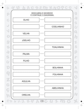 ad u b

Ac

p
C
J

V

o
g

s
a

sz m xN O p C G

DESCUBRA O SEGREDO
E CONTINUE O DIAGRAMA.

OLHO
COELHINHO

JOELHO
TOALHINHA
PALMA
FILHO
BOLHINHA

A
m

FOLHINHA

O

v

AGULHA

G

C b

z
s
p
r
D

q
ç
h

S
U

h

D

z

a
q

VELHA

S
U

V
g

ABELHINHA

N

ORELHA

v H a Bd A

p

120

cu z m O x

 