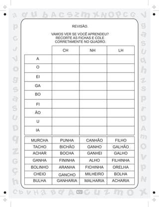 ad u b

Ac

sz m xN O p C G

p

REVISÃO.

a

VAMOS VER SE VOCÊ APRENDEU?
RECORTE AS FICHAS E COLE
CORRETAMENTE NO QUADRO.

C
J

CH

NH

V
g

LH

S
U

V

A

o

q

O

h

g

EI

s
a

GA

z
s
p
r

S
U

D

q

BO
FI
ÃO

D

U
IA
MURCHA

PUNHA

CANHÃO

FILHO

z

TACHO

BICHÃO

GANHO

GALHÃO

ACHAR

BOCHA

GANHEI

GALHO

G

GANHA

FININHA

ALHO

FILHINHA

ç
h

BOLINHO

ARANHA

FICHINHA

ORELHA

CHEIO

GANCHO
GANHARIA

MILHEIRO

BOLHA

MALHARIA

ACHARIA

C b

BULHA

v H a Bd A

123

A
m

O

v

p
N

cu z m O x

 