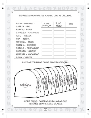 ad u b           Ac            sz m xN O p C G                                                                                  V
p       SEPARE AS PALAVRAS, DE ACORDO COM AS COLUNAS.                                                                           g
                                                                                                                                a
C     RODA - MARRECO                   R NO                        R NO                                      RR
      CARETA - RIO                    COMEÇO                       MEIO                                                         S
J     BARATA - FEIRA                                                                                                            U
      CARROÇA - CHARRETE
V     RATO - RISADA                                                                                                             q
o     RUA - TERRA
      ARRUAÇA - REDE
                                                                                                                                h
g     FARINHA - CORREIO
                                                                                                                                z
      RÓTULO - FERRADURA

s     CHARUTO - SIRENE                                                                                                          s
a     ARARUTA - MACARRÃO
      ROMA - VARETA                                                                                                             p
S          PINTE AS TORRADAS CUJAS PALAVRAS TÊM RR .                                                                            r
U                                                                                                                               D
D                                                                                                                               A
                                                                                                             TERRENO
                                                                   BETERRABA



                                                                                                   ARMÁRIO


                                                                                                                       RODELA
                                                                                         VERRUGA
                                                                               ARAPUCA
                                      CARRUAGEM




q                                                                                                                               m
                                                         SORRISO
                          CARRAPATO
                                          CARO


                                                  ROSA




                                                                                                                                O
z        TORRADA

                                                                                                                                v
G
ç                                                                                                                               p
             COPIE EM SEU CADERNO AS PALAVRAS QUE
                                                                                                                                N
h                TÊM RR E SEPARE-AS EM SÍLABAS.

C b   v H a Bd A                          15
                                                  cu z m O x
 