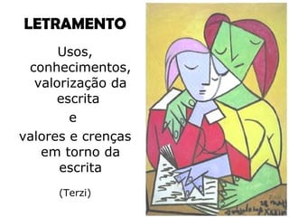 LETRAMENTO Usos, conhecimentos, valorização da escrita  e  valores e crenças em torno da escrita (Terzi) 