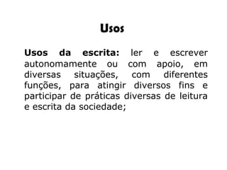 Usos  Usos da escrita:  ler e escrever autonomamente ou com apoio, em diversas situações, com diferentes funções, para atingir diversos fins e participar de práticas diversas de leitura e escrita da sociedade; 