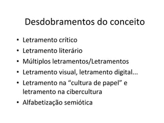 Desdobramentos do conceito Letramento crítico  Letramento literário Múltiplos letramentos/Letramentos Letramento visual, letramento digital... Letramento na “cultura de papel” e letramento na cibercultura Alfabetização semiótica 
