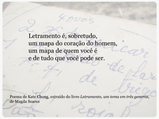 Letramento é, sobretudo,  um mapa do coração do homem, um mapa de quem você é e de tudo que você pode ser. Poema de Kate Chong, extraído do livro  Letramento, um tema em três generos , de Magda Soares 