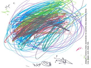 Joaquim, 2 anos e meio: escrevendo no cantinho dos desenhos: Dona Lica, papai, vovó, Zazá, Val... 