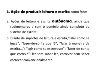 3. Ação de produzir leitura e escrita  como foco: a. Ações de leitura e escrita  autônoma , ainda que rudimentares e sem o domínio ainda completo do sistema de escrita; b. Diante de suportes de leitura e escrita,“falar como se lesse”, “fazer-de-conta que lê”, “falar à maneira da escrita...”; “agir como se escrevesse”; “fazer-de-conta que escreve”, ler sem saber ler, escrever sem saber escrever convencionalmente. 
