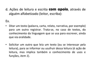 d. Ações de leitura e escrita  com apoio , através de alguém alfabetizado (leitor, escriba): Ex.  Ditar um texto (palavra, carta, relato, narrativa, por exemplo) para um outro registrar. Trata-se, no caso de textos, do conhecimento da linguagem que se usa para escrever, ainda que via oralidade.  Solicitar um outro que leia um texto (ou se interessar pela leitura), para se informar ou usufruir dessa leitura (é ação de leitura, mas implica também o conhecimento de usos e funções,  item 1 ). 