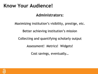 Know Your Audience! 
Administrators: 
Maximizing institution’s visibility, prestige, etc. 
Better achieving institution’s mission 
Collecting and quantifying scholarly output 
Assessment! Metrics! Widgets! 
Cost savings, eventually… 
 