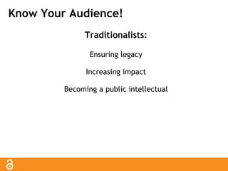 Know Your Audience! 
Traditionalists: 
Ensuring legacy 
Increasing impact 
Becoming a public intellectual 
 