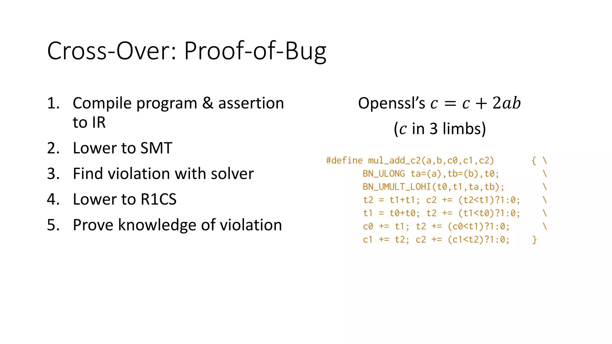 Cross-Over: Proof-of-Bug
1. Compile program & assertion
to IR
2. Lower to SMT
3. Find violation with solver
4. Lower to R1CS
5. Prove knowledge of violation
Openssl’s 𝑐 = 𝑐 + 2𝑎𝑏
(𝑐 in 3 limbs)
 