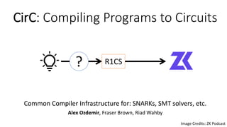 CirC: Compiling Programs to Circuits
Common Compiler Infrastructure for: SNARKs, SMT solvers, etc.
Alex Ozdemir, Fraser Brown, Riad Wahby
R1CS
?
Image Credits: ZK Podcast
 