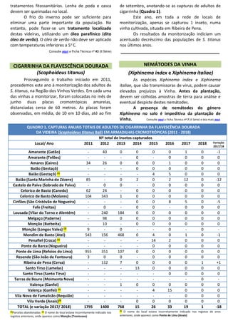 tratamentos fitossanitários. Lenha de poda e casca
devem ser queimadas no local.
O frio do inverno pode ser suficiente para
eliminar uma parte importante da população. No
entanto, pode fazer-se um tratamento localizado
destas videiras, utilizando um óleo parafínico (dito
óleo de verão). O óleo de verão não deve ser aplicado
com temperaturas inferiores a 5o C.
Consulte aqui a Ficha Técnica nº 43 (II Série)
CIGARRINHA DA FLAVESCÊNCIA DOURADA
(Scaphoideus titanus)
Prosseguindo o trabalho iniciado em 2011,
procedemos este ano à monitorização dos adultos de
S. titanus, na Região dos Vinhos Verdes. Em cada uma
das vinhas a monitorizar, foram colocadas no mês de
junho duas placas cromotrópicas amarelas,
distanciadas cerca de 60 metros. As placas foram
observadas, em média, de 10 em 10 dias, até ao fim
de setembro, anotando-se as capturas de adultos de
cigarrinha (Quadro 1).
Este ano, em toda a rede de locais de
monitorização, apenas se capturou 1 inseto, numa
vinha cultivada, situada em Ribeira de Pena.
Os resultados da monitorização indiciam um
acentuado decréscimo das populações de S. titanus
nos últimos anos.
_____________________________________
NEMÁTODES DA VINHA
(Xiphinema index e Xiphinema italiae)
As espécies Xiphinema index e Xiphinema
italiae, que são transmissoras de vírus, podem causar
elevados prejuízos à Vinha. Antes da plantação,
devem ser colhidas amostras de terra para análise e
eventual despiste destes nemátodes.
A presença de nemátodes do género
Xiphinema no solo é impeditiva da plantação de
Vinha. Consulte aqui a Ficha Técnica nº 7 (II Série) e leia mais aqui
(1)Parcelas abandonadas (2) O nome do local estava incorretamente indicado nos
registos anteriores, onde aparece como Monção (Troviscoso)
(3) O nome do local estava incorretamente indicado nos registos de anos
anteriores, onde aparece como Ponte de Lima (Anais)
QUADRO 1. CAPTURAS ANUAIS TOTAIS DE ADULTOS DE CIGARRINHA DA FLAVESCÊNCIA DOURADA
DA VIDEIRA (Scaphoideus titanus Ball) EM ARMADILHAS CROMOTRÓPICAS (2011 - 2018)
Nº total de insetos capturados
Local/ Ano 2011 2012 2013 2014 2015 2016 2017 2018 Variação
2017/18
Amarante (Gatão) - 40 0 0 0 0 1 0 -1
Amarante (Telões) - - - 0 - 0 0 0 0
Amares (Caires) 34 26 0 0 0 1 0 0 0
Baião (Gestaçô) - - - 0 0 0 0 0 0
Baião (Gestaçô) (1)
- - - - 4 5 0 0 0
Baião (Santa Marinha do Zêzere) 85 - 0 2 0 2 12 0 -12
Castelo de Paiva (Sobrado de Paiva) - 0 0 - 0 0 0 0 0
Celorico de Basto (Canedo) 62 24 - 0 0 0 0 0 0
Celorico de Basto (Molares) 104 343 1 0 0 0 0 0 0
Cinfães (São Cristóvão de Nogueira) - - - 0 0 8 5 0 -5
Fafe (Freitas) - 0 - 0 0 - 0 0 0
Lousada (Vilar do Torno e Alentém) - 240 184 0 0 0 0 0 0
Melgaço (Paderne) - 98 0 0 0 0 0 0 0
Monção (Barbeita) - 10 - 0 0 0 0 0 0
Monção (Longos Vales) (2)
9 - 0 - - 0 - 0 -
Mondim de Basto (Atei) 543 156 468 0 4 0 1 0 -1
Penafiel (Croca) (1)
- - - - 14 2 0 0 0
Ponte da Barca (Nogueira) - - - - 0 0 0 0 0
Ponte de Lima (Refoios do Lima) 955 351 107 0 0 0 0 0 0
Resende (São João de Fontoura) 3 0 0 - 0 0 0 0 0
Ribeira de Pena (Cerva) - 112 7 0 0 0 0 1 +1
Santo Tirso (Lamelas) - - - 13 0 0 0 0 0
Santo Tirso (Santo Tirso) - - - - - 0 0 0 0
Terras de Bouro (Moimenta Nova) - - - - - - - 0 -
Valença (Ganfei) - - 1 0 0 0 0 0 0
Valença (Ganfei) (1)
- - - - 4 15 0 0 0
Vila Nova de Famalicão (Requião) - - - - - - 0 0 0
Vila Verde (Anais)(3)
- - - 0 0 0 0 0 0
TOTAL (e variação 2017/ 2018) 1795 1400 768 15 26 33 19 1 -18
 