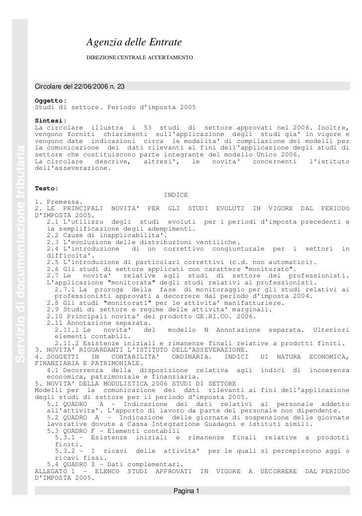 Circolare Del 22062006 N 23 Oggetto Studi Di Settore