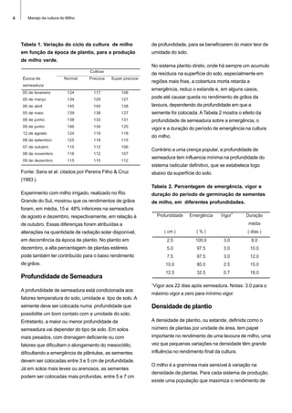 4 Manejo da cultura do Milho
Tabela 1. Variação do ciclo da cultura de milho
em função da época de plantio, para a produção
de milho verde.
de profundidade, para se beneficiarem do maior teor de
umidade do solo.
No sistema plantio direto, onde há sempre um acumulo
de resíduos na superfície do solo, especialmente em
regiões mais frias, a cobertura morta retarda a
emergência, reduz o estande e, em alguns casos,
pode até causar queda no rendimento de grãos da
lavoura, dependendo da profundidade em que a
semente foi colocada. ATabela 2 mostra o efeito da
profundidade de semeadura sobre a emergência, o
vigor e a duração do período de emergência na cultura
do milho.
Contrário a uma crença popular, a profundidade de
semeadura tem influencia mínima na profundidade do
sistema radicular definitivo, que se estabelece logo
abaixo da superfície do solo.
Tabela 2. Percentagem de emergência, vigor e
duração do período de germinação de sementes
de milho, em diferentes profundidades.
Cultivar
Época de
semeadura
Normal Precoce Super precoce
05 de fevereiro 124 117 108
05 de março 134 129 127
06 de abril 145 140 138
05 de maio 139 138 137
08 de junho 138 133 131
09 de junho 146 134 125
12 de agosto 124 119 118
08 de setembro 125 118 115
07 de outubro 115 112 106
08 de novembro 116 112 107
09 de dezembro 115 115 112
Fonte: Sans et al. citados por Pereira Filho & Cruz
(1993 ).
Experimento com milho irrigado, realizado no Rio
Grande do Sul, mostrou que os rendimentos de grãos
foram, em média, 15 e 48% inferiores na semeadura
de agosto e dezembro, respectivamente, em relação à
de outubro. Essas diferenças foram atribuídas a
alterações na quantidade de radiação solar disponível,
em decorrência da época de plantio. No plantio em
dezembro, a alta percentagem de plantas estéreis
pode também ter contribuído para o baixo rendimento
de grãos.
Profundidade de Semeadura
A profundidade de semeadura está condicionada aos
fatores temperatura do solo, umidade e tipo de solo. A
semente deve ser colocada numa profundidade que
possibilite um bom contato com a umidade do solo.
Entretanto, a maior ou menor profundidade de
semeadura vai depender do tipo de solo. Em solos
mais pesados, com drenagem deficiente ou com
fatores que dificultam o alongamento do mesocótilo,
dificultando a emergência de plântulas, as sementes
devem ser colocadas entre 3 e 5 cm de profundidade.
Já em solos mais leves ou arenosos, as sementes
podem ser colocadas mais profundas, entre 5 e 7 cm
Profundidade Emergência Vigor1
Duração
média
( cm ) ( % ) ( dias )
2.5 100.0 3.0 8.0
5.0 97.5 3.0 10.0
7.5 97.5 3.0 12.0
10.0 80.0 2.5 15.0
12.5 32.5 0.7 18.0
1
Vigor aos 22 dias após semeadura. Notas: 3.0 para o
máximo vigor a zero para mínimo vigor.
Densidade de plantio
A densidade de plantio, ou estande, definida como o
número de plantas por unidade de área, tem papel
importante no rendimento de uma lavoura de milho, uma
vez que pequenas variações na densidade têm grande
influência no rendimento final da cultura.
O milho é a gramínea mais sensível à variação na
densidade de plantas. Para cada sistema de produção,
existe uma população que maximiza o rendimento de
 