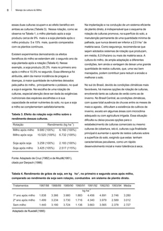 8 Manejo da cultura do Milho
essas duas culturas ocupam e ao efeito benéfico em
ambas as culturas (Tabela 3). Nessa rotação, como se
observa na Tabela 1, o milho plantado após a soja
produziu cerca de 9% mais e a soja plantada após o
milho produziu 5 e 15% mais, quando comparados
com os plantios contínuos.
Existem experimentos demostrando os efeitos
benéficos do milho se estendem até o segundo ano da
soja plantada após a rotação (Tabela 4). Nesse
exemplo, a soja produziu 20,3% mais no primeiro ano
após o milho e 10,5% no segundo. Essa diferença foi
atribuída, além da menor incidência de pragas e
doenças, à maior quantidade de nutrientes deixados
pela palha do milho, principalmente o potássio, no qual
a soja é exigente. Na escolha de uma rotação de
culturas, especial atenção deve ser dada às exigências
nutricionais das espécies escolhidas e à sua
capacidade de extrair nutrientes do solo, no que a soja
e milho se complementam satisfatoriamente.
Tabela 3. Efeito da rotação soja milho sobre o
rendimento dessas culturas.
Na implantação e na condução de um sistema eficiente
de plantio direto, é indispensável que o esquema de
rotação de culturas promova, na superfície do solo, a
manutenção permanente de uma quantidade mínima de
palhada, que nunca deverá ser inferior a 2,0 t ha-1
de
matéria seca. Como segurança, recomenda-se que
sejam adotados sistemas de rotação que produzam,
em média, 6,0 t/ha/ano ou mais de matéria seca. A
cultura do milho, de ampla adaptação a diferentes
condições, tem ainda a vantagem de deixar uma grande
quantidade de restos culturais, que, uma vez bem
manejados, podem contribuir para reduzir a erosão e
melhorar o solo.
No sul do Brasil, devido às condições climáticas mais
favoráveis, há maiores opções de rotação de culturas,
envolvendo tanto as culturas de verão como as de
inverno. No Brasil Central, as condições climáticas,
com quase total ausência de chuvas entre os meses de
maio e agosto, dificultam a existência de cultivos de
inverno, exceto em algumas áreas com microclima
adequado ou com agricultura irrigada. Essa situação
dificulta ou deixa poucas opções para o
estabelecimento de culturas comerciais ou mesmo
culturas de cobertura, isto é, culturas cuja finalidade
principal é aumentar o aporte de restos culturais sobre
a superfície do solo, exigindo que estas tenham
características peculiares, como um rápido
desenvolvimento inicial e maior tolerância à seca.
Rotação Rendimento (kg ha-1
)
Milho após milho 9.680 (100%) 6.160 (100%)
Milho após soja 10.520 (109%) 6.732 (109%)
Soja após soja 3.258 (100%) 2.183 (100%)
Soja após milho 3.425 (105%) 2.517 (115%)
Fonte: Adaptado de Cruz (1982) e de Muzilli(1981),
citado por Derpsch (1986)
Tratamentos 1987/88 1988/89 1989/90 1990/91 1991/92 1992/93 1993/94 Média
kg ha
-1
1º ano após milho 1.838 3.366 3.980 1.883 4.456 4.691 2.746 3.280
2º ano após milho 1.499 3.234 3.730 1.716 4.340 3.979 2.589 3.012
Sem milho 1.440 3.180 3.724 1.136 3.663 3.565 2.378 2.727
Tabela 4. Rendimento de grãos de soja, em kg ha-1
, no primeiro e segundo anos após milho,
comparado ao rendimento da soja sem rotação, conduzidos em sistema de plantio direto.
Adaptado de Ruedell (1995)
 