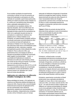 Manejo da Adubação Nitrogenada na Cultura do Milho

Ao se analisar resultados de experimentos
conduzidos no Brasil, em que se aumentou as
doses de N aplicadas na semeadura do milho
cultivado em sucessão a gramíneas (aveia preta,
milheto) em sistema de plantio direto (Tabelas 4 e
5), verifica-se a semelhança das informações
sobre a aplicação antecipada do N e a
inconsistência nos resultados obtidos. Em
algumas situações, não houve diferenças nas
produtividades de milho quando se compara a
aplicação de toda a dose de N na semeadura do
milho com a aplicação de parte da dose na
semeadura e o restante em cobertura nos
estádios de 6 a 7 folhas (Tabelas 4 e 5).
Entretanto, em determinadas condições verificouse redução acentuada na produtividade de milho
com aumento da dose de N aplicada na
semeadura (Tabelas 4 e 5). Essa redução tem
sido atribuída ao feito tóxico do N-fertilizante sobre
as plântulas de milho, reduzindo o estande,
principalmente quando a fonte utilizada foi a uréia
(Tabela 5). Para a cultura do milho, que
geralmente produz uma espiga por planta, a
redução da população de plantas tem acentuado
efeito negativo na produtividade. Assim, a
quantidade de N aplicada por ocasião da
semeadura do milho tem sido limitada a doses
que variam de 30 a 40 kg por hectare. É provável
que, com a tendência de redução do
espaçamento entre linhas do milho (0,70 m e 0,50
m), o que possibilita a diluição da concentração
do fertilizante no sulco de semeadura, doses
maiores possam ser utilizadas sem causar
danos às raízes das plântulas.

Aplicação em cobertura em diferente
estádios fenológicos do milho
Nessa estratégia de manejo, o N é aplicado em
cobertura nos diferentes estádios fenológicos da
cultura do milho. Essa tem sido a recomendação
tradicional para as épocas de aplicação de N e
que tem apresentado maior eficiência
agronômica, podendo ser recomendada para
todas as situações, independente das condições
de solo e clima. Entretanto, para um manejo

adequado do fertilizante nitrogenado é importante
observar as exigências deste nutriente durante o
desenvolvimento da cultura do milho (Figura 4). A
maior necessidade relativa de nitrogênio
compreende o período entre a emissão da 4ª e da
8ª folha e a maior necessidade absoluta de
nitrogênio compreende o período entre a emissão
da 8ª e da 12ª folha.
Tabela 5. Efeito do aumento da dose de N de
diferentes fontes aplicada no sulco de semeadura
sobre a produtividade de grãos de milho.
Marechal Cândido Rondon, PR.
Doses e épocas de aplicação
de N
1/
Semeadura
Cobertura
-------- Doses de N (kg/ha) -------0
120
36
84
60
60
120
0
CV (%)
1/

Fontes de nitrogênio
2/

Uréia
S. Amônio
Entec
---------------- Produção de grãos (t/ha) ------------------7,20aA
6,73aA
7,11aA
7,36aA
7,29aA
6,78aA
7,01aA
6,79aA
7,48aA
4,21bB
7,14aA
7,52aA
18,70

Adubação em cobertura 6 a 8 folhas.

2/

Fertilizante

nitrogenado tratado com inibidor de nitrificação. Médias
iguais entre si, minúsculas na coluna e maiúscula na
linha, não diferem estatisticamente pelo teste de Tukey a 5
% . Fonte: modificada de RUVER et al. (2004)
Foto: Ramon C. Alvarenga

Entretanto, no Brasil existe o conceito
generalizado entre técnicos e produtores de que,
aumentando-se o número de parcelamento da
adubação nitrogenada, aumenta-se a eficiência
do uso do nitrogênio e reduzem-se as perdas,
principalmente por lixiviação. Como
conseqüência, e devido às facilidades que os
sistemas de irrigação oferecem para aplicação de
fertilizantes via água, é comum o parcelamento
do fertilizante nitrogenado em quatro ou até em
seis ou oito vezes durante o ciclo da cultura.
Entretanto, experimentos conduzidos no Brasil
evidenciaram que a aplicação parcelada de
nitrogênio em duas, três ou mais vezes para a
cultura do milho, com doses variando de 60 a 120
kg ha-1, em solos de textura média e argilosa não
refletiram em maiores produtividades em relação
a uma única aplicação na fase inicial de maior
exigência da cultura, ou seja, 30 a 35 dias após a
semeadura. É importante salientar que as
informações apresentadas anteriormente foram
obtidas em solos de textura argilosa a média,

7

 
