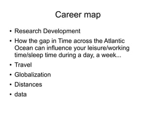 Career map
● Research Development
● How the gap in Time across the Atlantic
Ocean can influence your leisure/working
time/sleep time during a day, a week...
● Travel
● Globalization
● Distances
● data
 