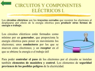 CIRCUITOS Y COMPONENTES ELÉCTRICOS I. Los  circuitos eléctricos  son los  trayectos cerrados  que recorren los electrones al desplazarse por efecto de la energía eléctrica para  producir otras formas de energía o trabajo . Al  índice Los circuitos eléctricos están formados como mínimo por un  generador , que proporciona la energía eléctrica para poner en movimiento los electrones; unos  conductores  por los que se mueven estos electrones; y un  receptor  en el que se obtiene la energía o el trabajo útil   Para poder  controlar el paso  de los electrones por el circuito se instalan también  elementos de maniobra y control . Los elementos de  seguridad   previenen de los posibles peligros  de la electricidad. 