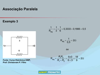 Exemplo 3
Associação Paralela
Fonte: Curso Eletrônica UNIP,
Prof. Christovam P. Filho
 