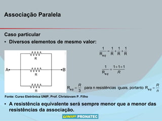 Associação Paralela
Caso particular
▪ Diversos elementos de mesmo valor:
▪ A resistência equivalente será sempre menor que a menor das
resistências da associação.
Fonte: Curso Eletrônica UNIP, Prof. Christovam P. Filho
 