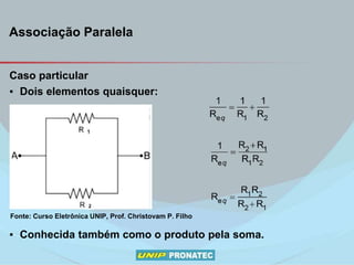 Associação Paralela
Caso particular
▪ Dois elementos quaisquer:
▪ Conhecida também como o produto pela soma.
Fonte: Curso Eletrônica UNIP, Prof. Christovam P. Filho
 
