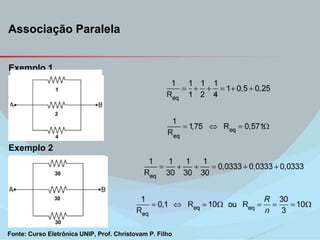 Associação Paralela
Exemplo 1
Exemplo 2
Fonte: Curso Eletrônica UNIP, Prof. Christovam P. Filho
 