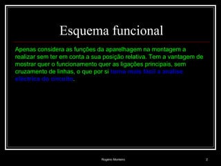 Rogério Monteiro 2
Esquema funcional
Apenas considera as funções da aparelhagem na montagem a
realizar sem ter em conta a sua posição relativa. Tem a vantagem de
mostrar quer o funcionamento quer as ligações principais, sem
cruzamento de linhas, o que por si torna mais fácil a análise
eléctrica do circuito.
 