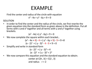 THE GENERAL FORMConsider again the standard form for the equation of a circle, i.e.			(x-h) 2  + (y-k) 2= r2  Expanding  the binomials and rearranging terms, we obtainx2 + y2 +(-2h)x +(-2h)y+(h2 + k2 -r2 ) =0 If we let D=-2h, E=-2k, and F=h2 +k2 =r2 then the preceding equation takes form.