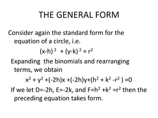 NOTE: General form is an equation of the second degree in x and y (i.e. quadratic in x and y.)  	 