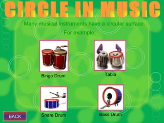 Many musical instruments have a circular surface.
                       For example:




              Bingo Drum                Tabla




BACK          Snare Drum              Bass Drum
 
