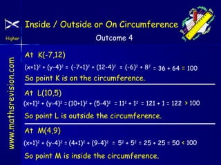 Inside / Outside or On Circumference
Outcome 4

www.mathsrevision.com

Higher

At K(-7,12)
(x+1)2 + (y-4)2 = (-7+1)2 + (12-4)2 = (-6)2 + 82 = 36 + 64

So point K is on the circumference.

= 100

At L(10,5)
(x+1)2 + (y-4)2 = (10+1)2 + (5-4)2 = 112 + 12 = 121 + 1 = 122

> 100

So point L is outside the circumference.
At M(4,9)
(x+1)2 + (y-4)2 = (4+1)2 + (9-4)2 = 52 + 52 = 25 + 25 = 50

So point M is inside the circumference.

< 100

 