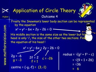 Application of Circle Theory
Outcome 4

www.mathsrevision.com

Higher

Frosty the Snowman’s lower body section can be represented
by the equation

x2 + y2 – 6x + 2y – 26 = 0
His middle section is the same size as the lower but his
head is only 1/3 the size of the other two sections. Find
the equation of his head !

x2 + y2 – 6x + 2y – 26 = 0
2g = -6
g = -3

2f = 2
f=1

c = -26

centre = (-g,-f) = (3,-1)

radius = √(g2 + f2 – c)
= √(9 + 1 + 26)
= √36
= 6

 
