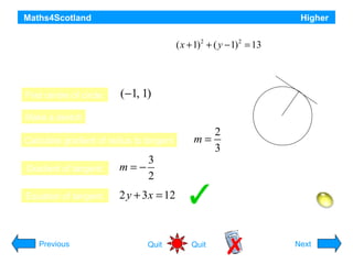 Maths4Scotland

Higher

The point P(2, 3) ( x + 1) + ( y − 1) = 13
lies on the circle
2

2

Find the equation of the tangent at P.
Find centre of circle:

P(2, 3)

(−1, 1)

Make a sketch

O(-1, 1)

Calculate gradient of radius to tangent
Gradient of tangent:

3
m=−
2

Equation of tangent:

m=

2
3

2 y + 3 x = 12
Hint

Previous

Quit

Quit

Next

 