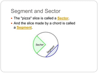 Segment and Sector
 The "pizza" slice is called a Sector.
 And the slice made by a chord is called
a Segment.
 