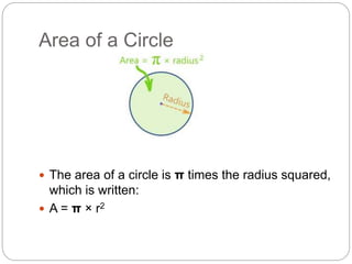 Area of a Circle
 The area of a circle is π times the radius squared,
which is written:
 A = π × r2
 
