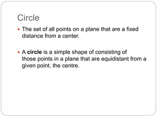 Circle
 The set of all points on a plane that are a fixed
distance from a center.
 A circle is a simple shape of consisting of
those points in a plane that are equidistant from a
given point, the centre.
 
