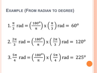 EXAMPLE (FROM RADIAN TO DEGREE)
1.
π
3
rad =
180 𝑜
π
x
π
3
rad = 60 𝑜
2.
2π
3
rad =
180 𝑜
π
x
2π
3
rad = 120 𝑜
3.
5π
4
rad =
180 𝑜
π
x
5π
4
rad = 225 𝑜
 