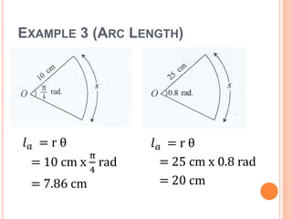 EXAMPLE 3 (ARC LENGTH)
𝑙 𝑎 = r θ
= 10 cm x
π
4
rad
= 7.86 cm
𝑙 𝑎 = r θ
= 25 cm x 0.8 rad
= 20 cm
 