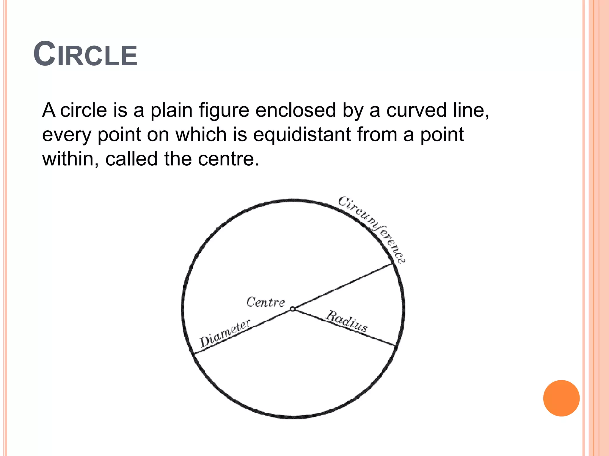 CIRCLE
A circle is a plain figure enclosed by a curved line,
every point on which is equidistant from a point
within, called the centre.
 