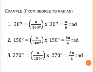 EXAMPLE (FROM DEGREE TO RADIAN)
1. 30 𝑜
=
π
180 𝑜 x 30 𝑜
=
π
6
rad
3. 270 𝑜
=
π
180 𝑜 x 270 𝑜
=
3π
2
rad
2. 150 𝑜
=
π
180 𝑜 x 150 𝑜
=
5π
6
rad
 